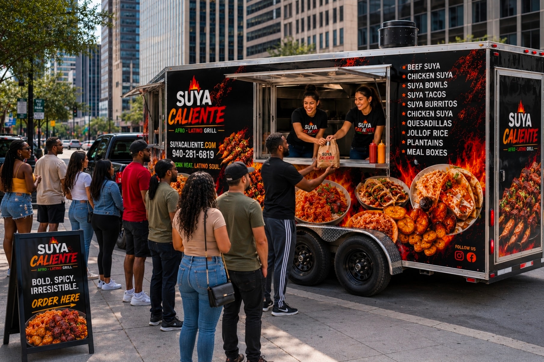 Suya Caliente food truck serving customers on the street — Afro-Latino Grill, Denton TX